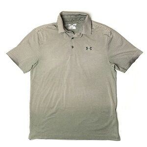 Under Armour Men’s Medium HeatGear Loose Fit Green Beige Striped Golf Shirt Polo